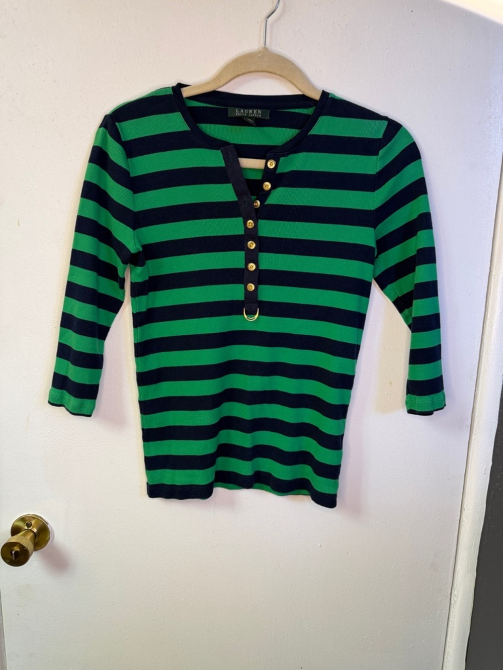 Ralph Lauren Navy & Green Striped Henley Top